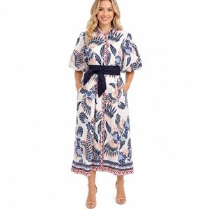 Garrie B Cotton Midi Shirt Dress White Blue Toucan Bird Puff Sleeve Belted